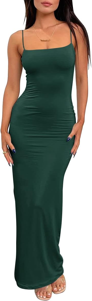 LILLUSORY Womens Summer Casual Slip Dresses Double Lined Bodycon Maxi Dress | Spaghetti Strap Backless Sleeveless Long Dress, Beach Vacation Spring Outfits, Easy Layering Piece, Elegant Cocktail Wear
