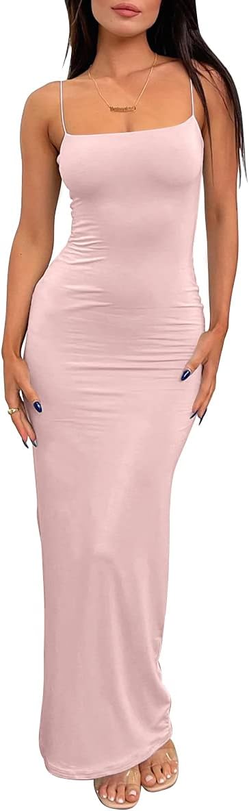 LILLUSORY Womens Summer Casual Slip Dresses Double Lined Bodycon Maxi Dress | Spaghetti Strap Backless Sleeveless Long Dress, Beach Vacation Spring Outfits, Easy Layering Piece, Elegant Cocktail Wear