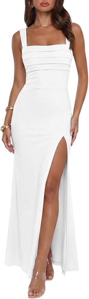 XXTAXN Womens Formal Mesh Double Tank Square Neck Split Maxi Dress | Sleeveless Wedding Guest Party Prom Elegant