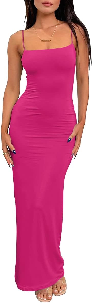 LILLUSORY Womens Summer Casual Slip Dresses Double Lined Bodycon Maxi Dress | Spaghetti Strap Backless Sleeveless Long Dress, Beach Vacation Spring Outfits, Easy Layering Piece, Elegant Cocktail Wear
