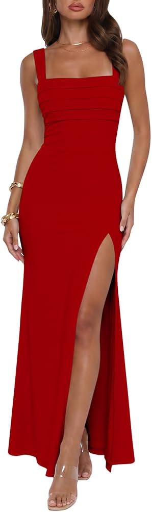 XXTAXN Womens Formal Mesh Double Tank Square Neck Split Maxi Dress | Sleeveless Wedding Guest Party Prom Elegant