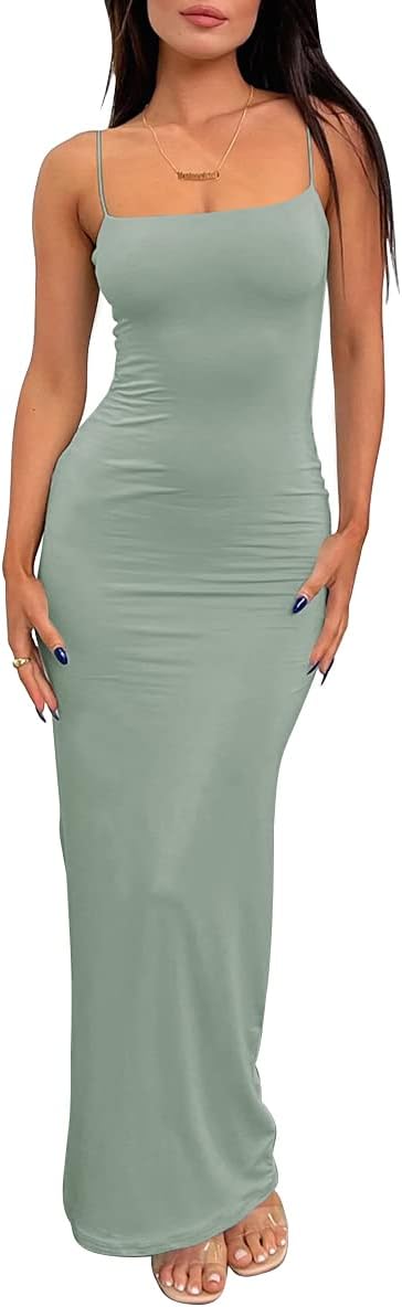 LILLUSORY Womens Summer Casual Slip Dresses Double Lined Bodycon Maxi Dress | Spaghetti Strap Backless Sleeveless Long Dress, Beach Vacation Spring Outfits, Easy Layering Piece, Elegant Cocktail Wear