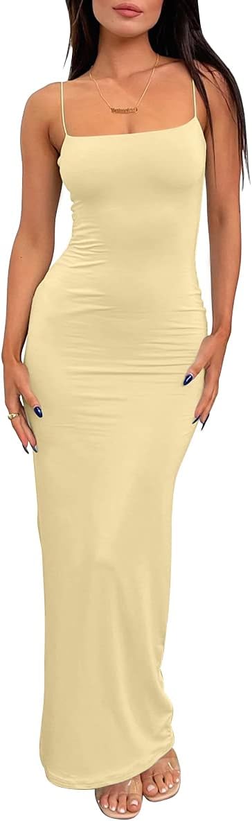 LILLUSORY Womens Summer Casual Slip Dresses Double Lined Bodycon Maxi Dress | Spaghetti Strap Backless Sleeveless Long Dress, Beach Vacation Spring Outfits, Easy Layering Piece, Elegant Cocktail Wear