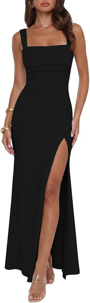 XXTAXN Womens Formal Mesh Double Tank Square Neck Split Maxi Dress | Sleeveless Wedding Guest Party Prom Elegant