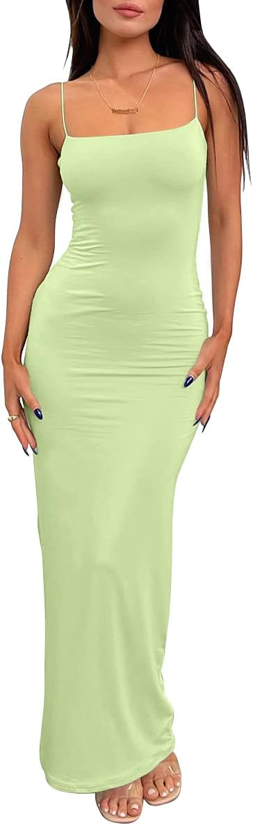 LILLUSORY Womens Summer Casual Slip Dresses Double Lined Bodycon Maxi Dress | Spaghetti Strap Backless Sleeveless Long Dress, Beach Vacation Spring Outfits, Easy Layering Piece, Elegant Cocktail Wear