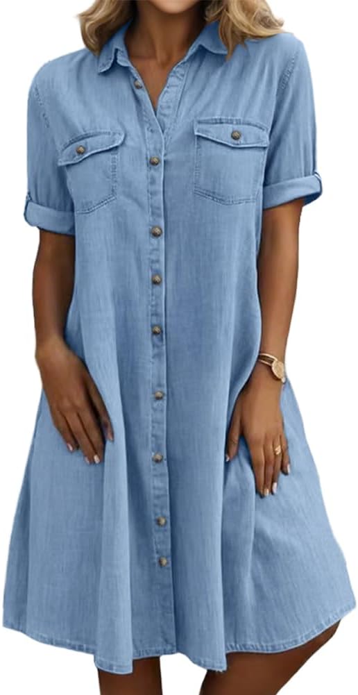 chouyatou Women's Summer Short Sleeve Denim Shirt Dress Business Casual Button Down Midi Long Jean Dress