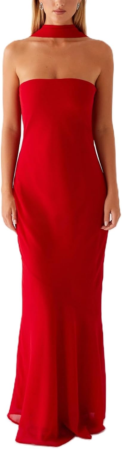 Women Floral Tube Maxi Dress with Scarf Summer Strapless Tube Bodycon Mesh Layer Cocktail Party Wedding Guest Dress