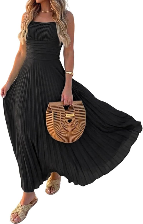 CHICME Maxi Dresses for Women Square Neck Pleated Summer Dress | Flowy Dresses for Women French Style Sundress, Adjustable Straps, Backless Dress for Wedding Guest, Vacation, Beach & Party
