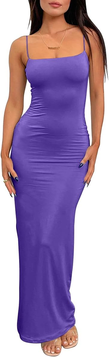 LILLUSORY Womens Summer Casual Slip Dresses Double Lined Bodycon Maxi Dress | Spaghetti Strap Backless Sleeveless Long Dress, Beach Vacation Spring Outfits, Easy Layering Piece, Elegant Cocktail Wear