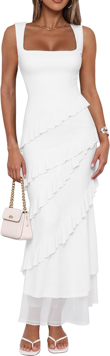 HOCILLE Women's Sexy Bodycon Sleeveless Mesh Ruffle Cocktail Maxi Dress | Sundress Elegant Sleeveless Ruffle Cocktail Party Dresses