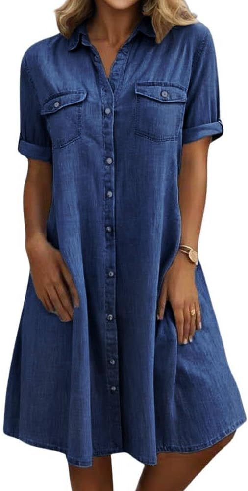 chouyatou Women's Summer Short Sleeve Denim Shirt Dress Business Casual Button Down Midi Long Jean Dress
