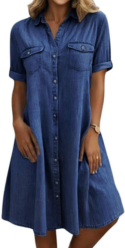 chouyatou Women's Summer Short Sleeve Denim Shirt Dress Business Casual Button Down Midi Long Jean Dress