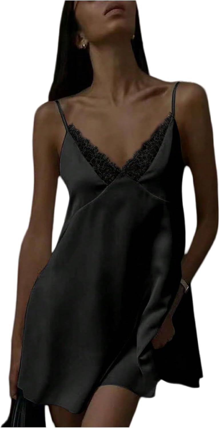 GORGLITTER Women's Lace Satin Mini Dress Backless Wedding Guest Dresses | Sexy Slip Dress, Silk, Tie, V Neck, Open Back, Bachelorette, Bridal Shower, Formal Party Dress