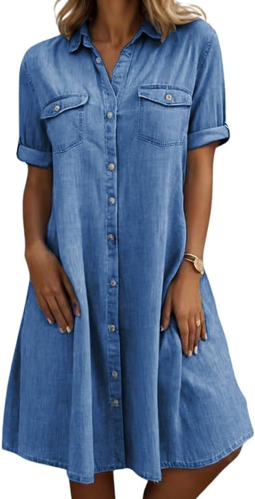 chouyatou Women's Summer Short Sleeve Denim Shirt Dress Business Casual Button Down Midi Long Jean Dress