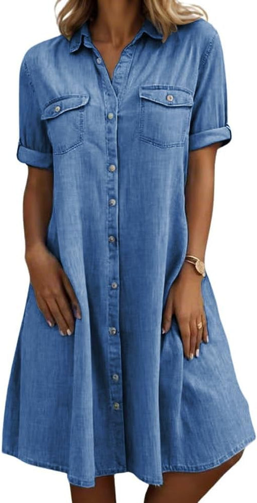 chouyatou Women's Summer Short Sleeve Denim Shirt Dress Business Casual Button Down Midi Long Jean Dress