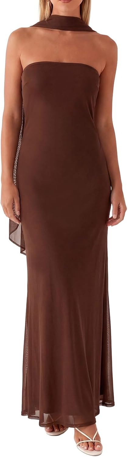 Women Floral Tube Maxi Dress with Scarf Summer Strapless Tube Bodycon Mesh Layer Cocktail Party Wedding Guest Dress