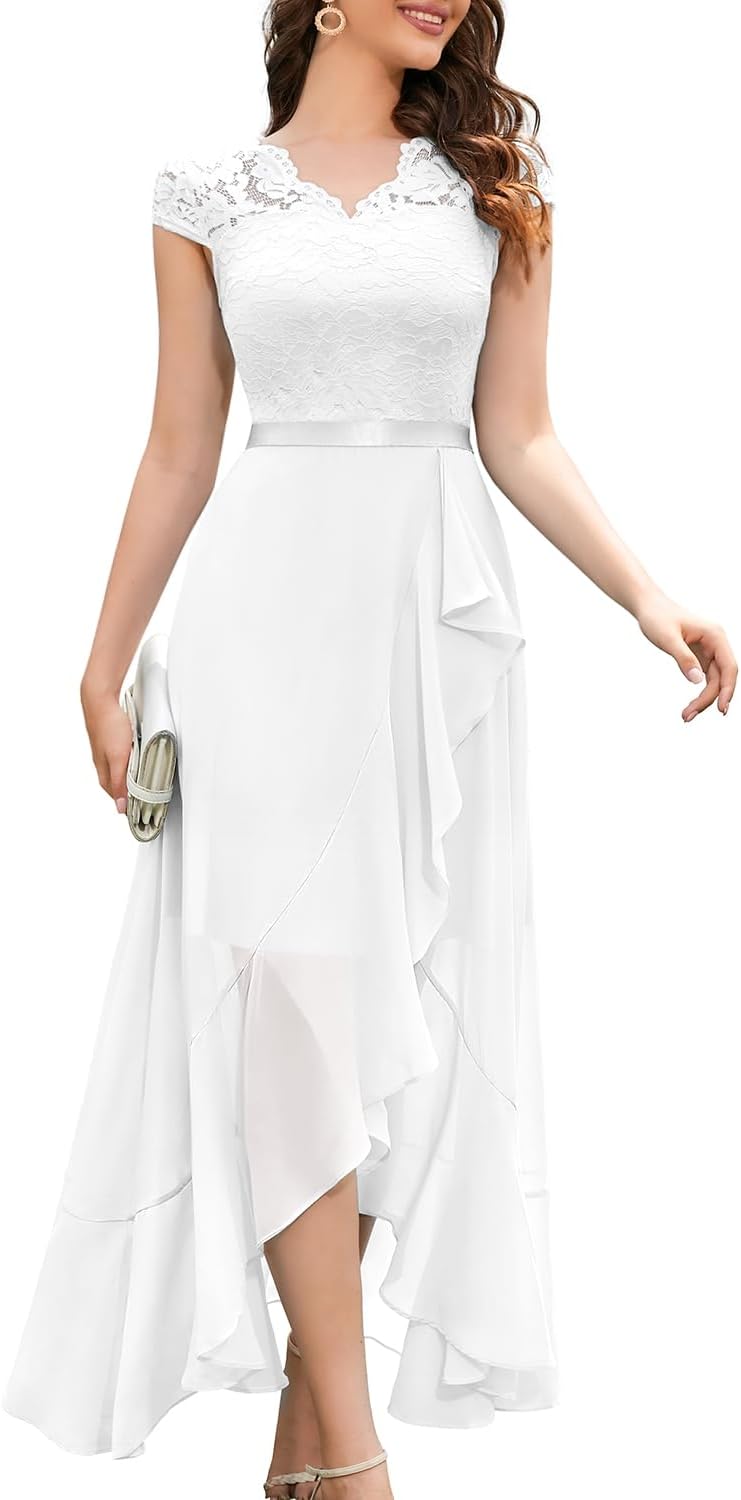Bbonlinedress Women's V-Neck Dress for Women Wedding Guest Hi-Lo Floral Lace Prom Cocktail Party Formal Bridesmaid Dress
