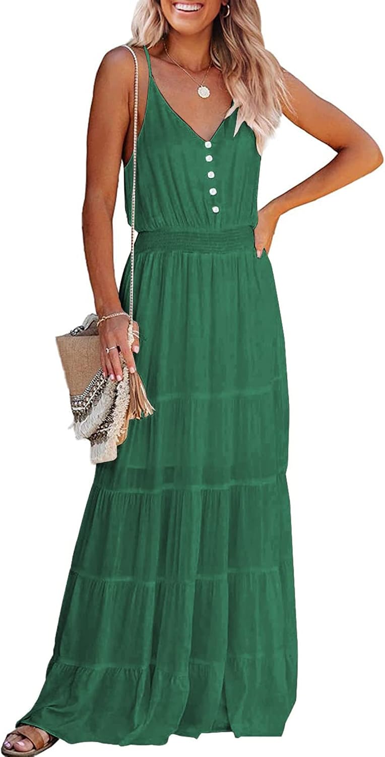 PRETTYGARDEN Women's Spaghetti Strap Summer Maxi Dress | Soft Flowy Fabric, V Neck Sleeveless , Elastic High Waist, Wedding Guest Party Dress, Casual Long Sundress for Beach Vacation