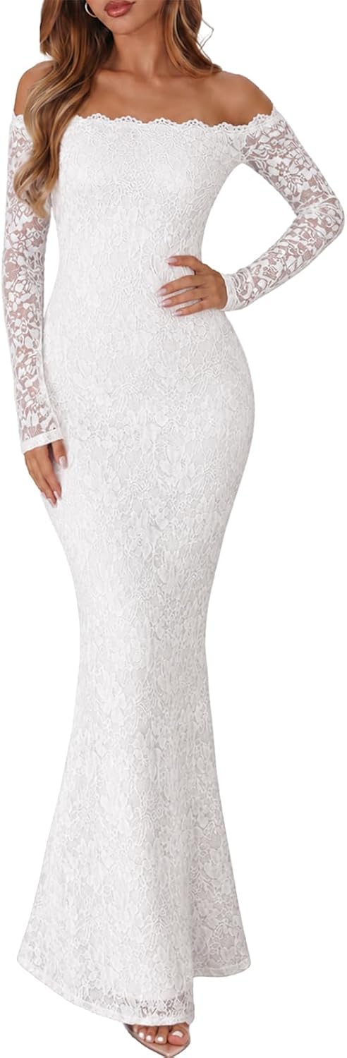 Xuiqx Women's Lace Off Shoulder Long Sleeve Bodycon Formal Maxi Dress | Elegant Style, Mermaid Maxi Dress, Lined Body, Sheer Lace Sleeves, Cocktail Wedding Guest Prom Bridal Shower Evening Dress