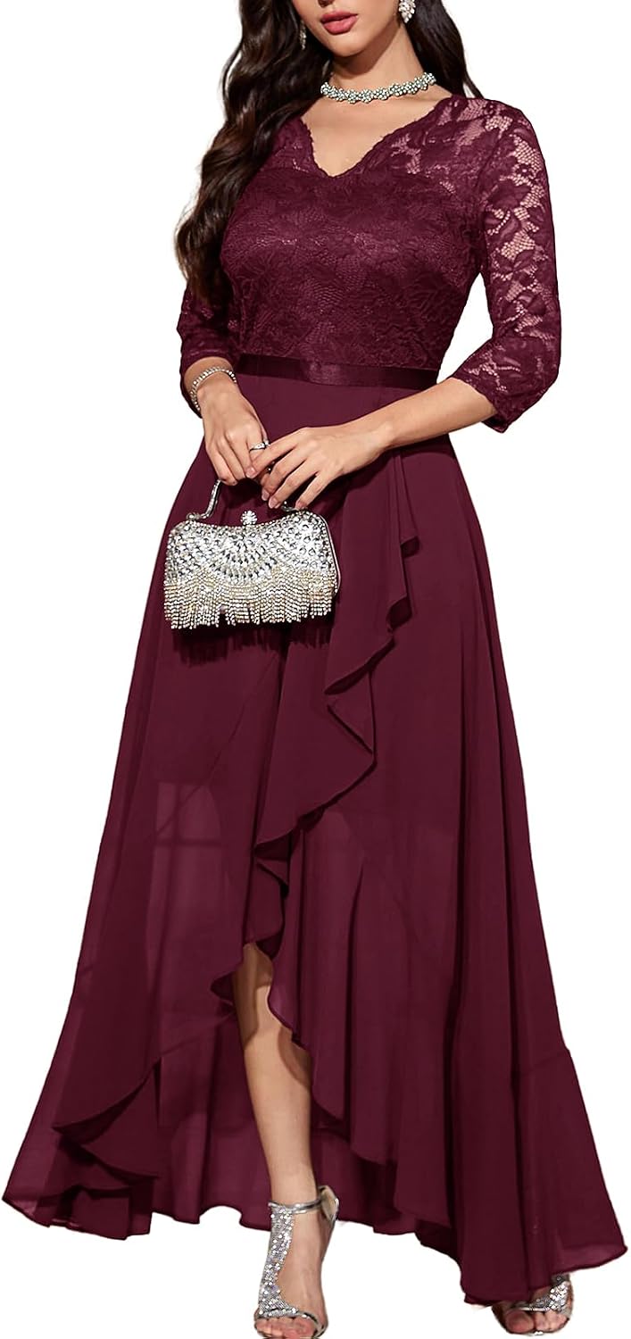 Bbonlinedress Women's V-Neck Dress for Women Wedding Guest Hi-Lo Floral Lace Prom Cocktail Party Formal Bridesmaid Dress