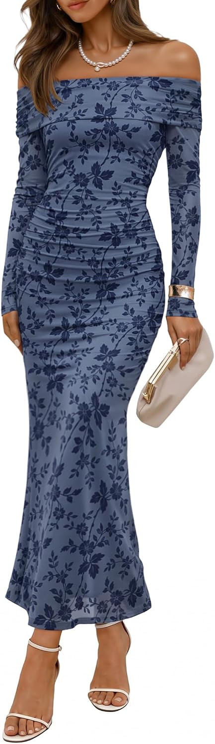 ZESICA Womens Long Sleeve Off Shoulder Maxi Fall Mesh Wedding Guest Dresses | Floral, Bodycon, Elegant, Sexy, Formal, Cocktail, Party, Baby Shower, Bridal Shower, Holiday, Dinner, Prom, Homecoming Dress