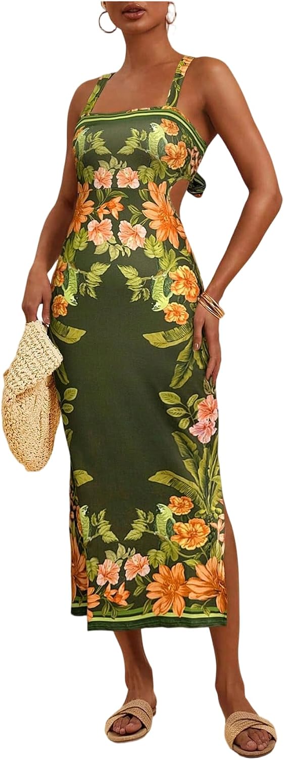 Floerns Women's Tropical Bow Tie Back Long Dress Sleeveless Maxi Dress | Hawaiian Resort Wear, Coastal Vacation, Beach Wedding Guest, Side Slit, Spring Break Outfits