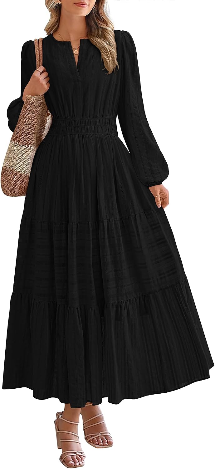 BTFBM Womens Fall 2026 Casual Midi Maxi Dresses | Lightweight Long Sleeve V Neck,Elastic Waist A Line Cotton Long Dresses,Boho Wedding Guest Dress Pockets,Fashion Clothing