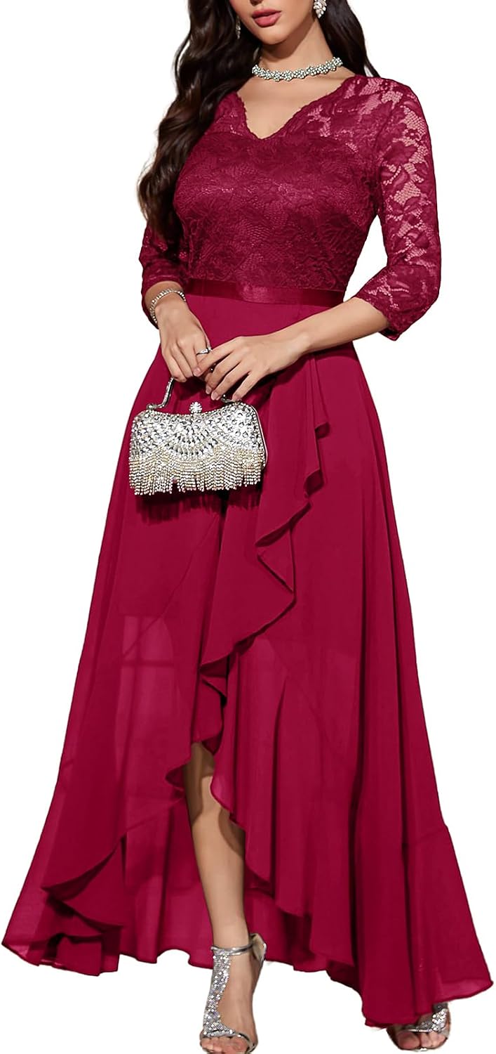 Bbonlinedress Women's V-Neck Dress for Women Wedding Guest Hi-Lo Floral Lace Prom Cocktail Party Formal Bridesmaid Dress