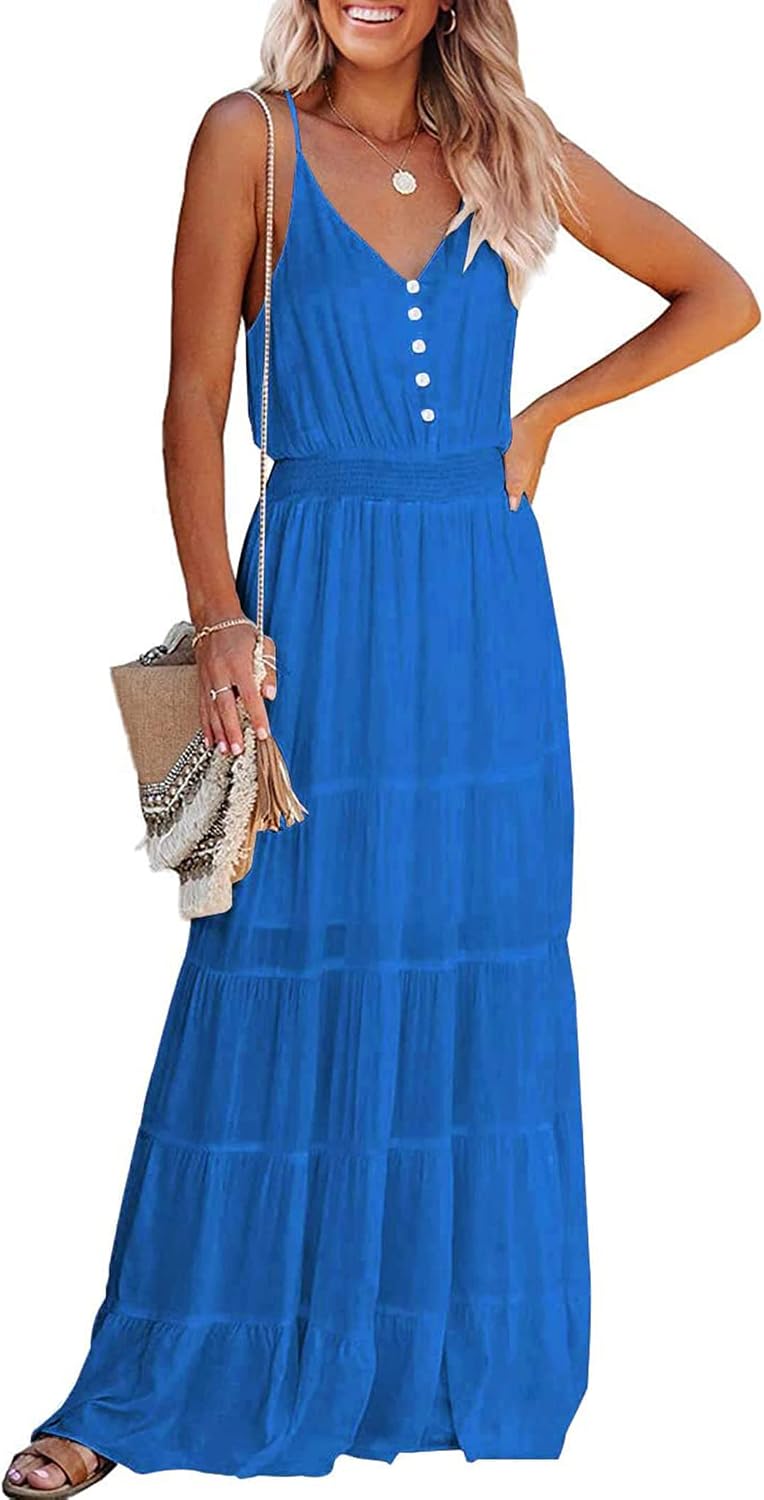 PRETTYGARDEN Women's Spaghetti Strap Summer Maxi Dress | Soft Flowy Fabric, V Neck Sleeveless , Elastic High Waist, Wedding Guest Party Dress, Casual Long Sundress for Beach Vacation
