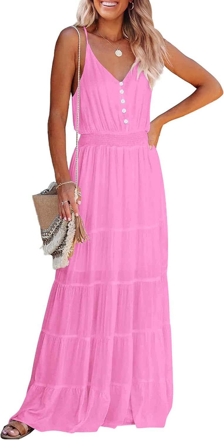 PRETTYGARDEN Women's Spaghetti Strap Summer Maxi Dress | Soft Flowy Fabric, V Neck Sleeveless , Elastic High Waist, Wedding Guest Party Dress, Casual Long Sundress for Beach Vacation