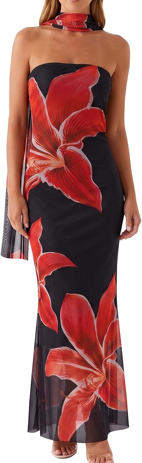 Women Floral Tube Maxi Dress with Scarf Summer Strapless Tube Bodycon Mesh Layer Cocktail Party Wedding Guest Dress