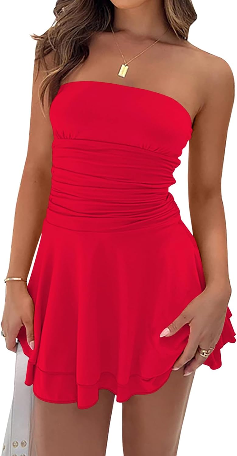 Women Sexy Tube Top Silk Mini Dress Strapless Ruffle Layer Party Dresses | Flowy A-Line Short Dress,Ruched Basque Waist,Sleeveless Backless Dress for Birthday,Homecoming,Vacation,Going Out Outfits