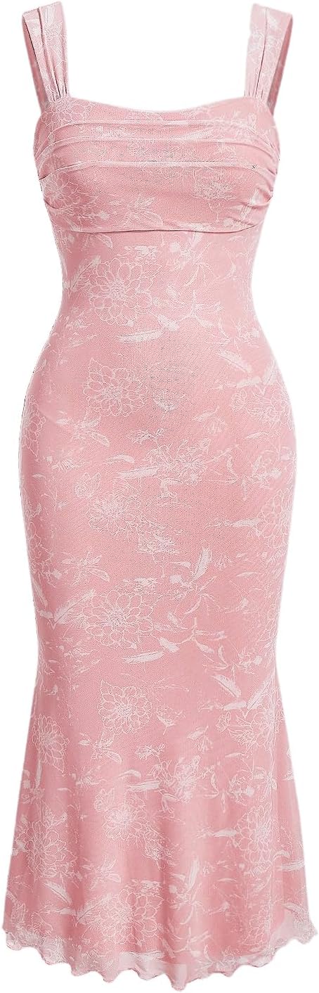 GORGLITTER Women's Floral Wedding Guest Bridal Shower Cocktail Midi Dresses | Baby Shower, Summer, Bodycon Dresses, Sweetheart Neckline Dress, Bridesmaid, Sundresses