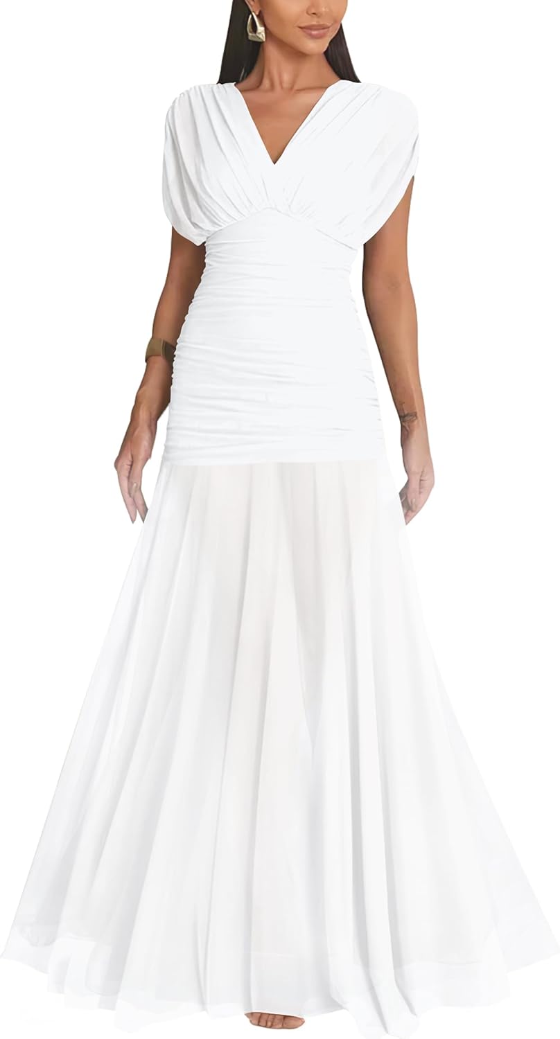 GOKATOSAU Women's Elegant Formal V Neck Bodycon Ruched Long Dress | Cap Sleeve,Flowy Maxi Mesh Ruffle Hem,Slim A-Line,Evening Cocktail Prom Party Dress,Wedding Guest Bridesmaids Gown Dress