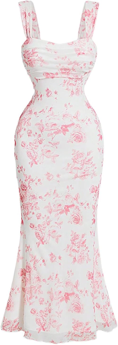 GORGLITTER Women's Floral Wedding Guest Bridal Shower Cocktail Midi Dresses | Baby Shower, Summer, Bodycon Dresses, Sweetheart Neckline Dress, Bridesmaid, Sundresses