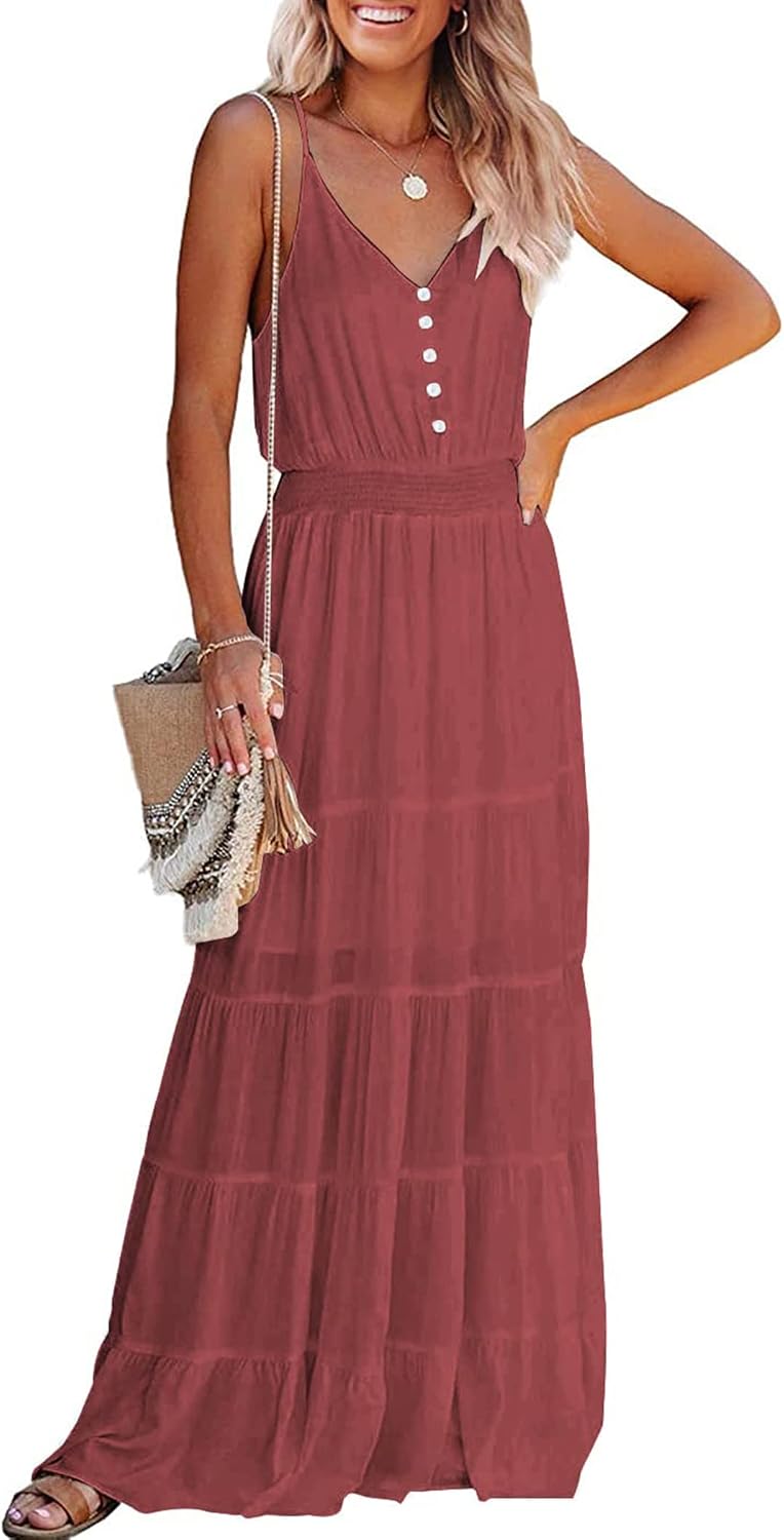 PRETTYGARDEN Women's Spaghetti Strap Summer Maxi Dress | Soft Flowy Fabric, V Neck Sleeveless , Elastic High Waist, Wedding Guest Party Dress, Casual Long Sundress for Beach Vacation