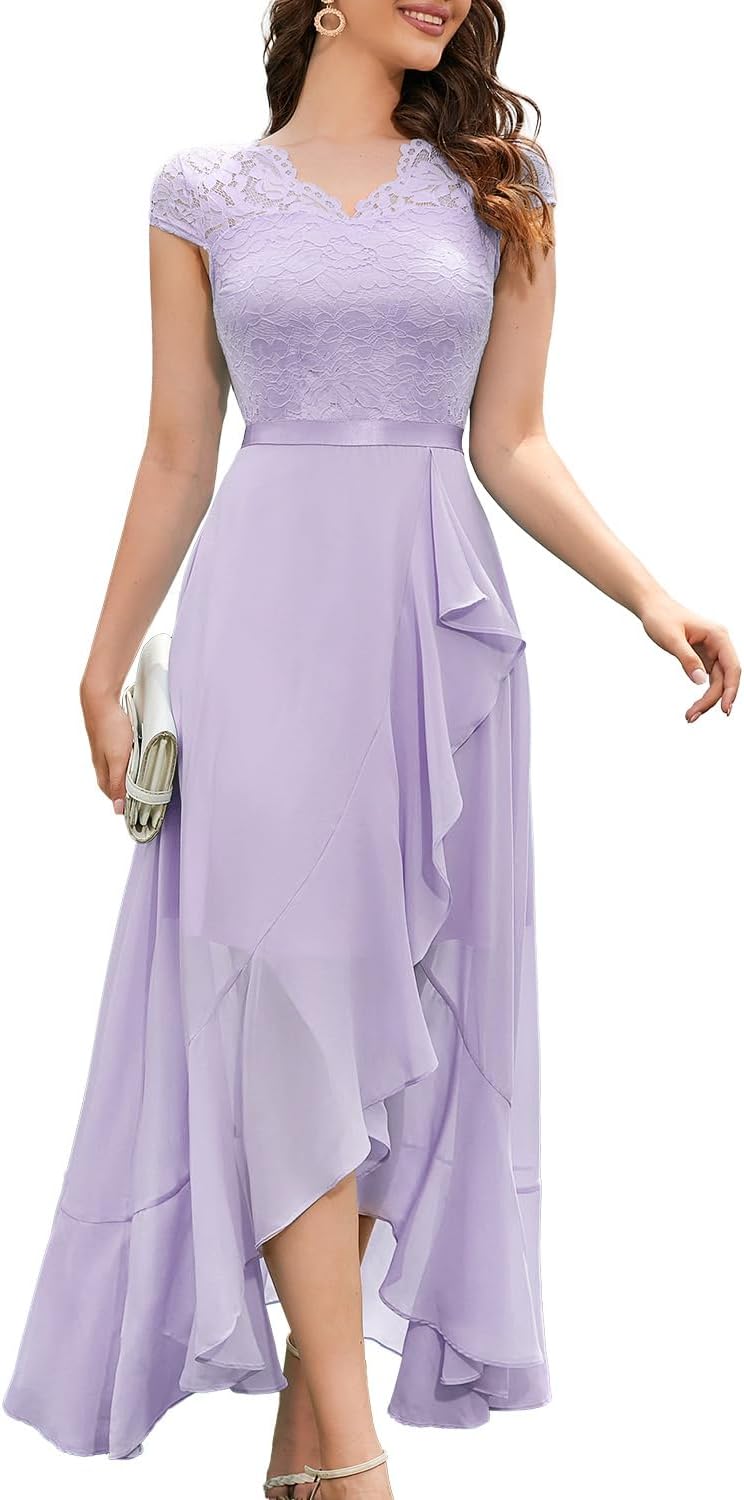 Bbonlinedress Women's V-Neck Dress for Women Wedding Guest Hi-Lo Floral Lace Prom Cocktail Party Formal Bridesmaid Dress