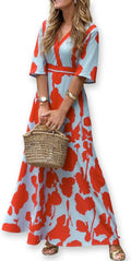 XNC Women's Summer Boho Floral V Neck Satin Wedding Guest Maxi Dresses | Red Dresses for Women, Short Sleeve Flowy Cocktail Dress, Beach Vacation Dress, Resort Wear, Long Dresses for Women