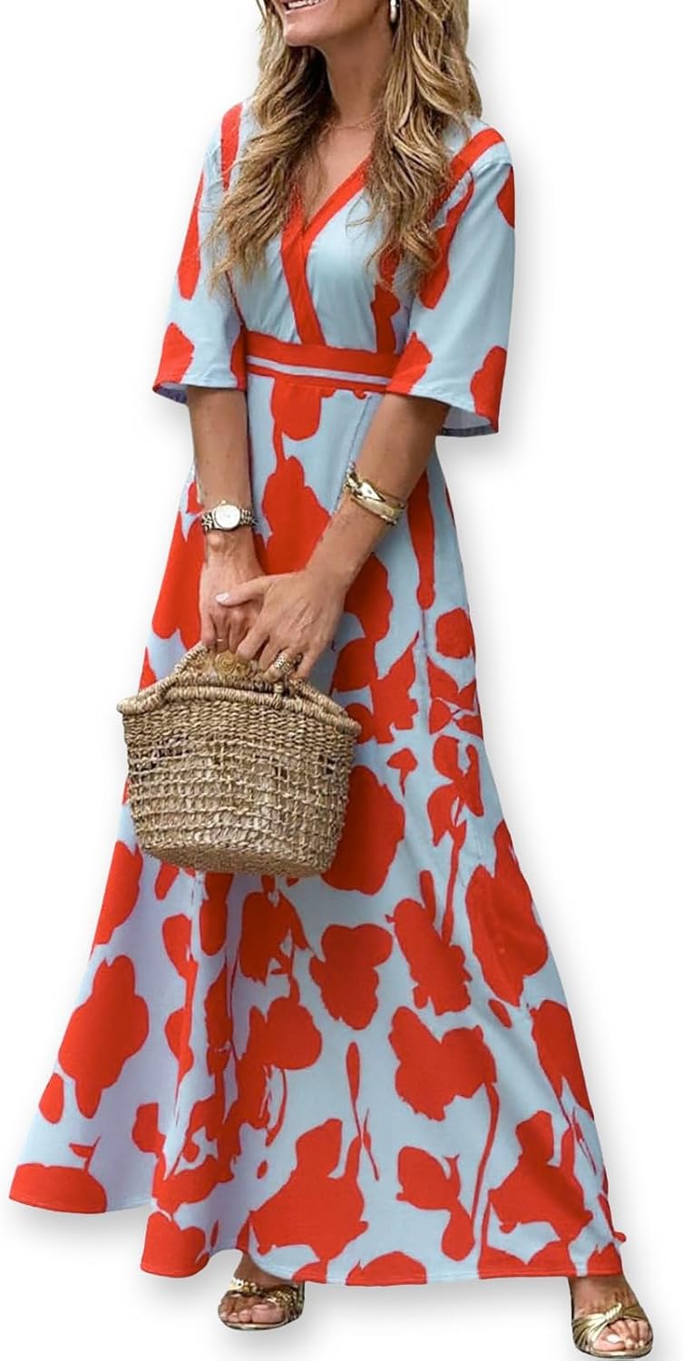 XNC Women's Summer Boho Floral V Neck Satin Wedding Guest Maxi Dresses | Red Dresses for Women, Short Sleeve Flowy Cocktail Dress, Beach Vacation Dress, Resort Wear, Long Dresses for Women