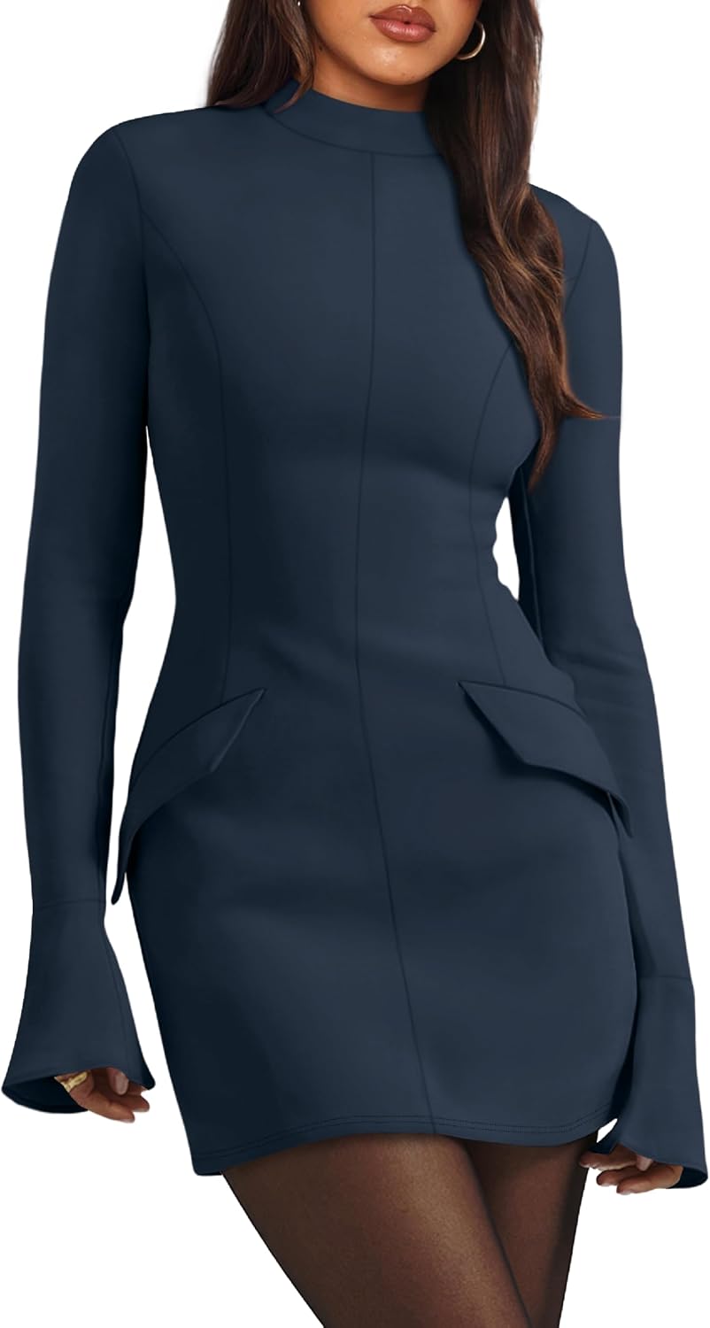 OFEEFAN Women's Fall Long Sleeve Mock Neck Dress Basic Party Club Bodycon Mini Dresses