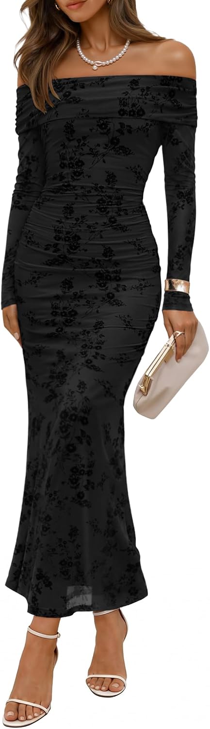ZESICA Womens Long Sleeve Off Shoulder Maxi Fall Mesh Wedding Guest Dresses | Floral, Bodycon, Elegant, Sexy, Formal, Cocktail, Party, Baby Shower, Bridal Shower, Holiday, Dinner, Prom, Homecoming Dress