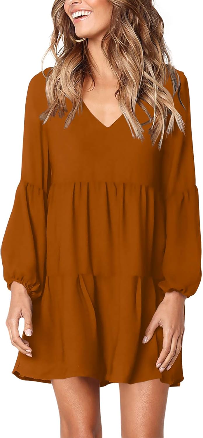Amoretu Womens Tunic Dress Long Sleeve V Neck Casual Loose Flowy Swing Shift Dresses