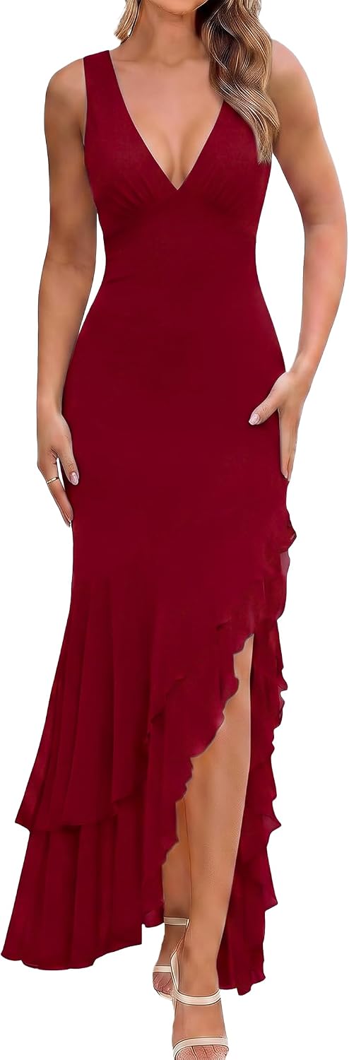 BORIFLORS Women's Elegant Mermaid Ruffle Cocktail Maxi Dress | Ruched, V Neck, High Slit, Homecoming Party, Long Dresses