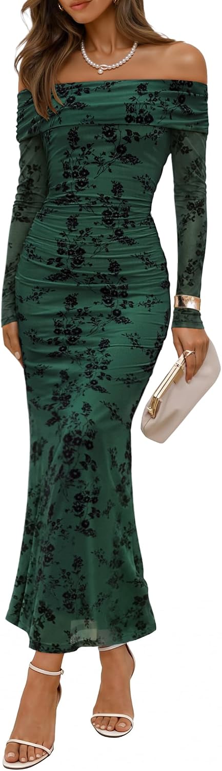 ZESICA Womens Long Sleeve Off Shoulder Maxi Fall Mesh Wedding Guest Dresses | Floral, Bodycon, Elegant, Sexy, Formal, Cocktail, Party, Baby Shower, Bridal Shower, Holiday, Dinner, Prom, Homecoming Dress
