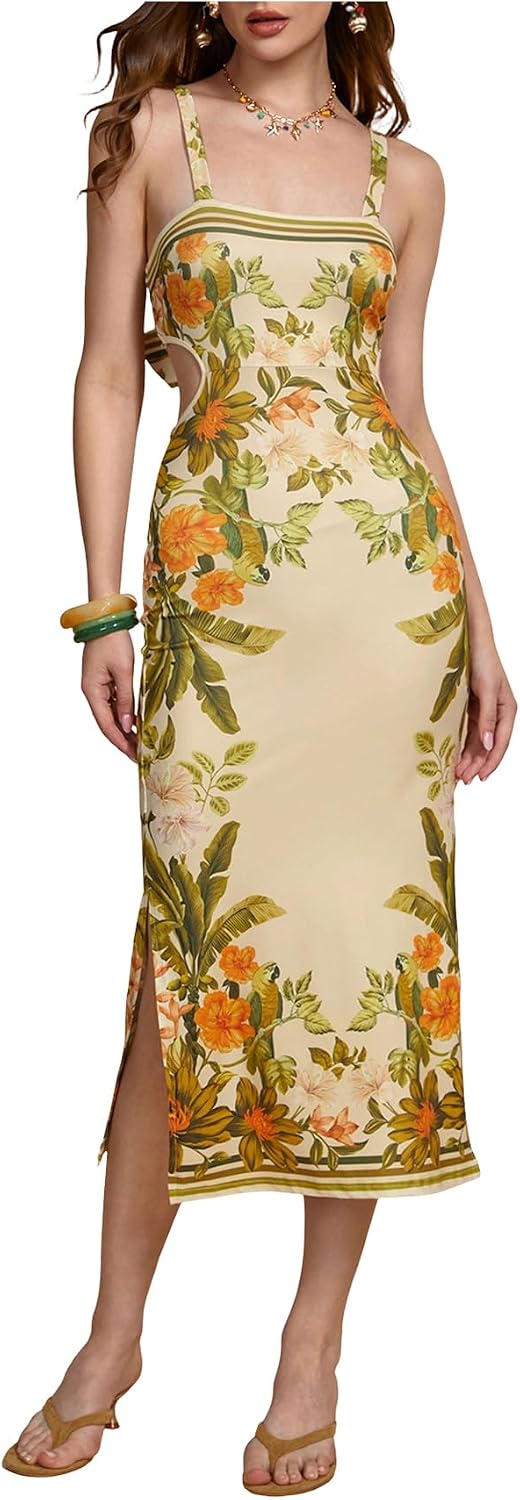 Floerns Women's Tropical Bow Tie Back Long Dress Sleeveless Maxi Dress | Hawaiian Resort Wear, Coastal Vacation, Beach Wedding Guest, Side Slit, Spring Break Outfits