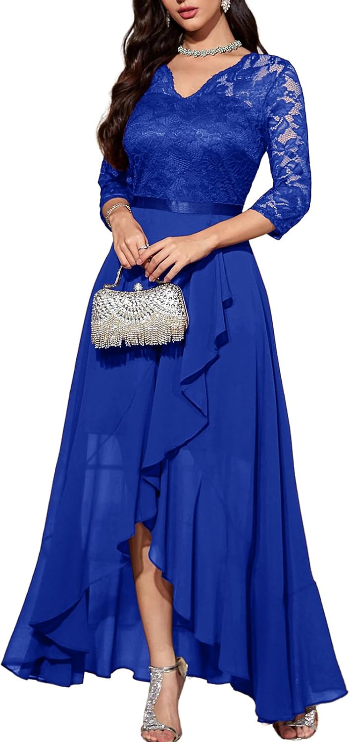 Bbonlinedress Women's V-Neck Dress for Women Wedding Guest Hi-Lo Floral Lace Prom Cocktail Party Formal Bridesmaid Dress