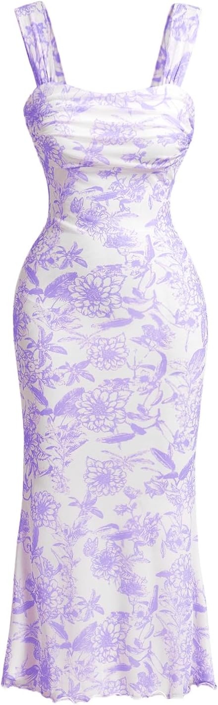 GORGLITTER Women's Floral Wedding Guest Bridal Shower Cocktail Midi Dresses | Baby Shower, Summer, Bodycon Dresses, Sweetheart Neckline Dress, Bridesmaid, Sundresses