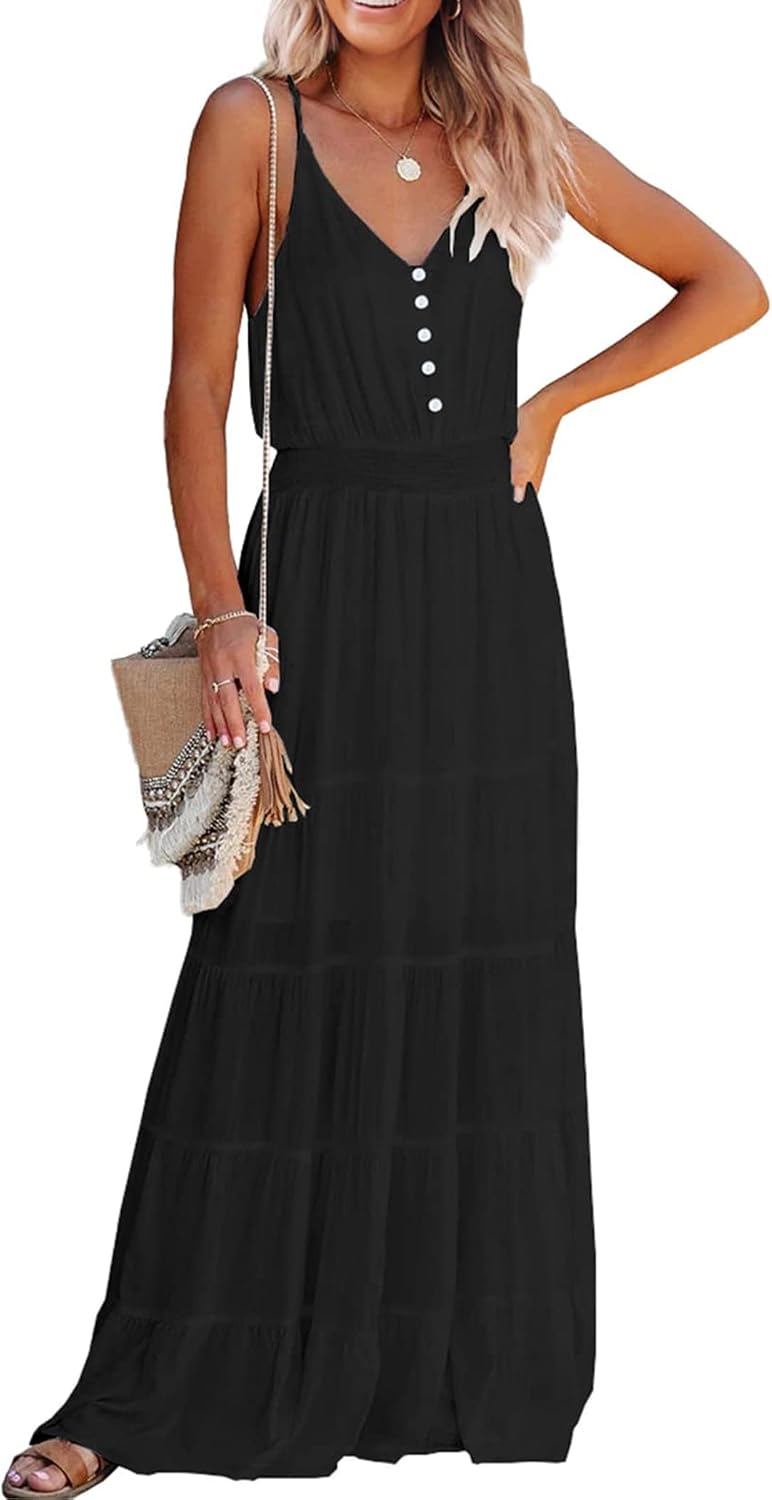 PRETTYGARDEN Women's Spaghetti Strap Summer Maxi Dress | Soft Flowy Fabric, V Neck Sleeveless , Elastic High Waist, Wedding Guest Party Dress, Casual Long Sundress for Beach Vacation