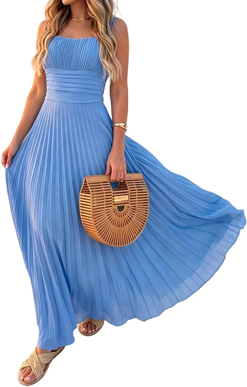 CHICME Maxi Dresses for Women Square Neck Pleated Summer Dress | Flowy Dresses for Women French Style Sundress, Adjustable Straps, Backless Dress for Wedding Guest, Vacation, Beach & Party