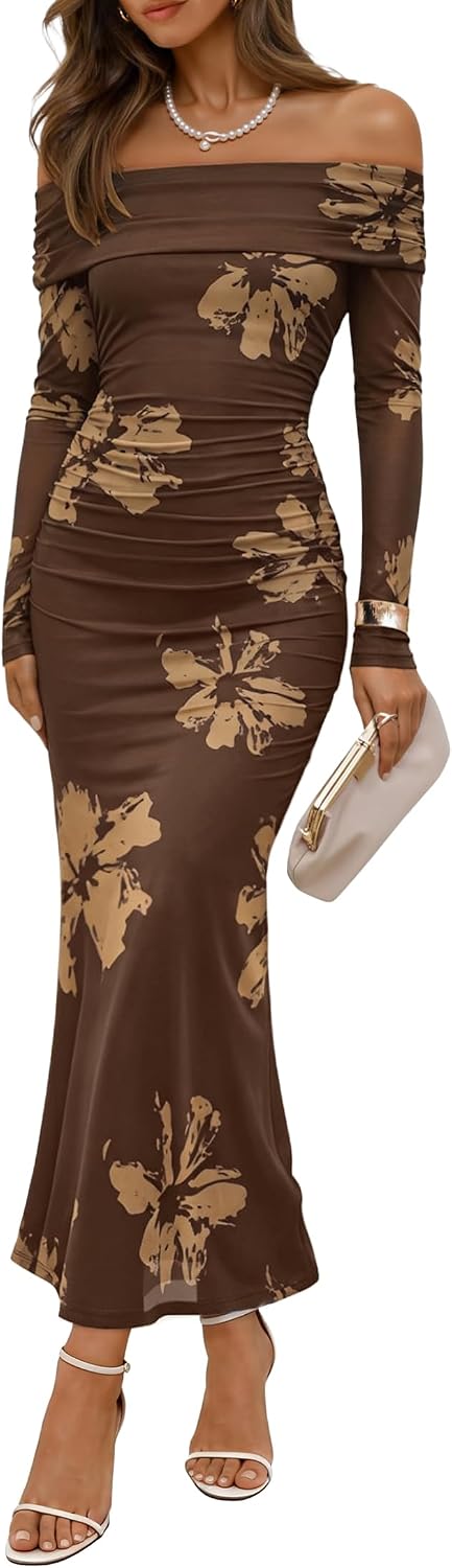 ZESICA Womens Long Sleeve Off Shoulder Maxi Fall Mesh Wedding Guest Dresses | Floral, Bodycon, Elegant, Sexy, Formal, Cocktail, Party, Baby Shower, Bridal Shower, Holiday, Dinner, Prom, Homecoming Dress